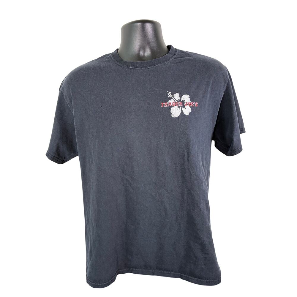 Trader Joe’s T Shirt Faded Black Hibiscus Logo Double Sided